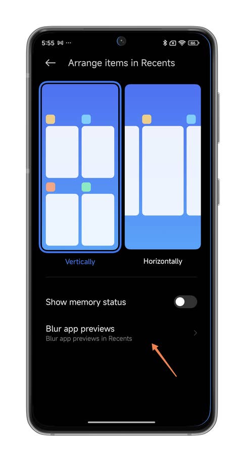 HyperOS screenshots on blurring the recent apps preview on your Xiaomi smartphone.