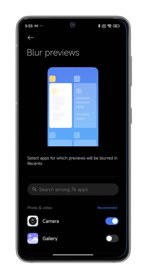 HyperOS screenshots on blurring the recent apps preview on your Xiaomi smartphone.