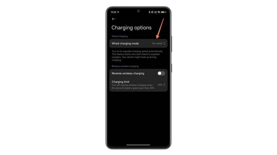 Xiaomi smartphone screen displaying charging options, including wired charging mode and reverse wireless charging settings.