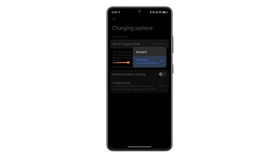 Xiaomi phone screen displaying charging options with wired charging modes: Standard and Top speed.