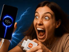 A woman excitedly holds a smartphone displaying 100% battery, with a Xiaomi charger in her other hand.