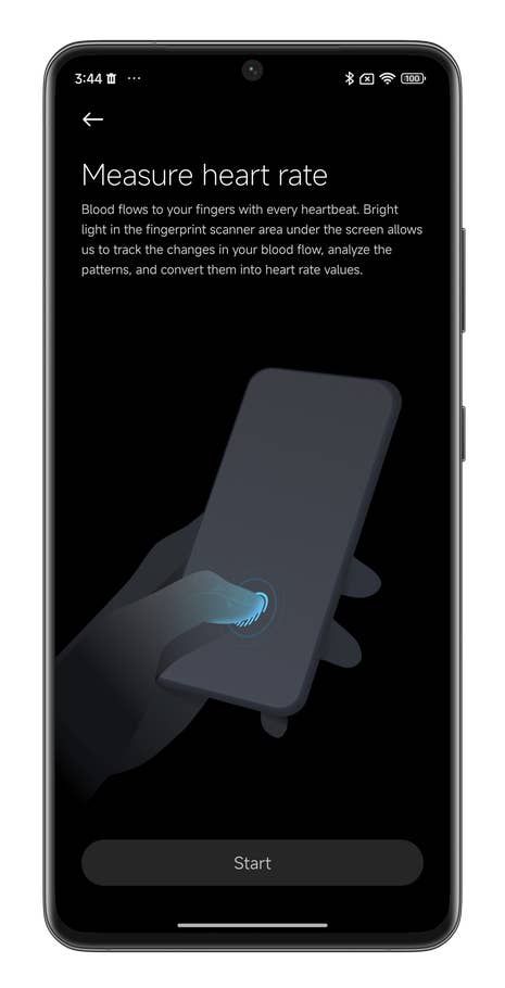 HyperOS screenshot showing how to measure your BPM with your Xiaomi smartphone.