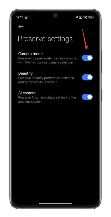HyperOS screenshots showing how to edit the camera mode carousel on your Xiaomi smartphone.