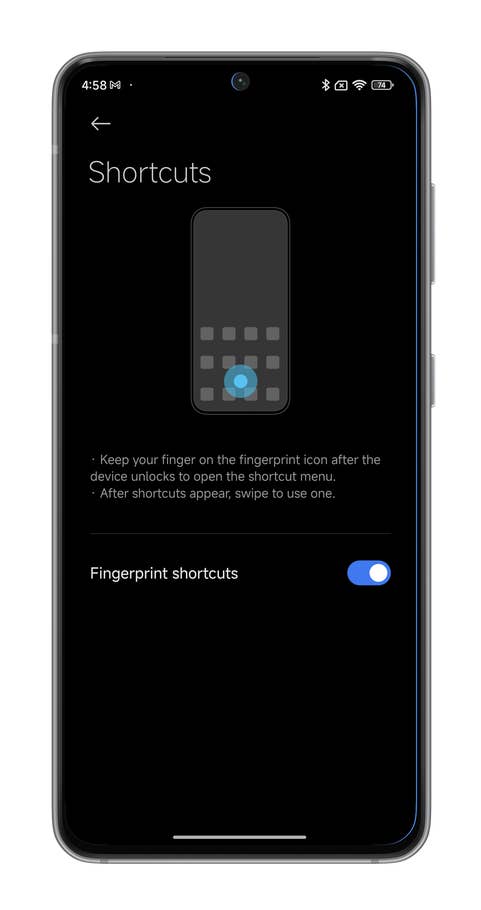 HyperOS screenshots on using your Xiaomi smartphoneu0027s fingerprint reader as a shortcut button.