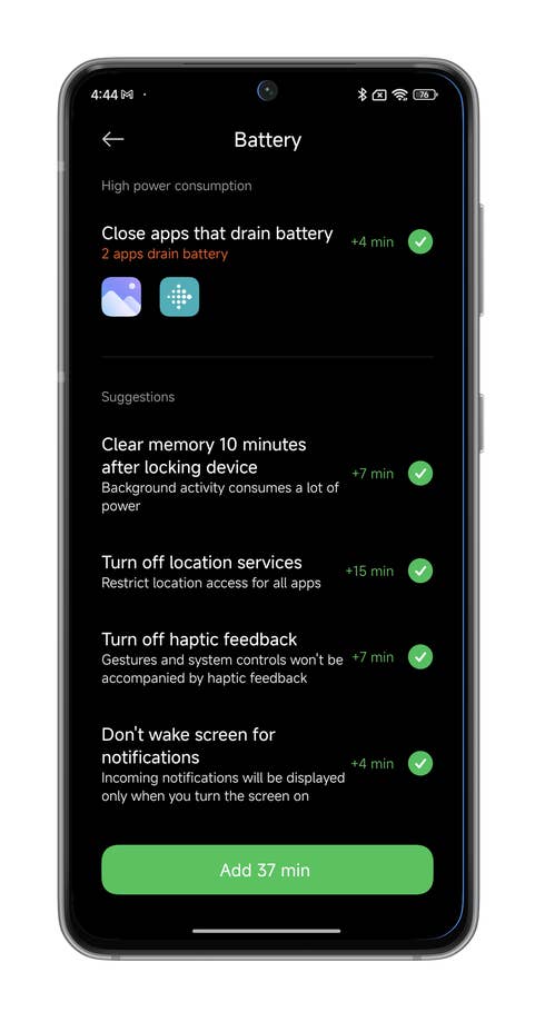HyperOS screenshots on how to optimize the battery life of your Xiaomi smartphone.