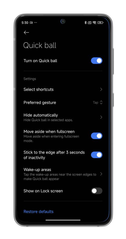 HyperOS screenshots on using the Quick Ball shortcut.