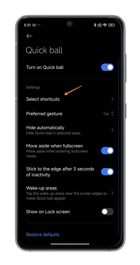 HyperOS screenshots on using the Quick Ball shortcut.