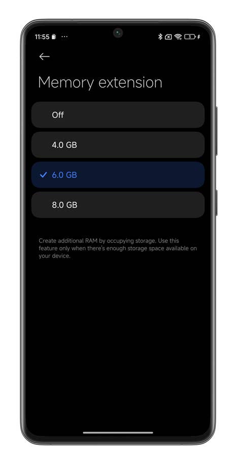 HyperOS screenshot showing how to enable the Memory Extension feature on your Xiaomi smartphone.