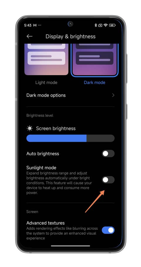HyperOS screenshots on enabling the bright sunlight mode on your Xiaomi smartphone.