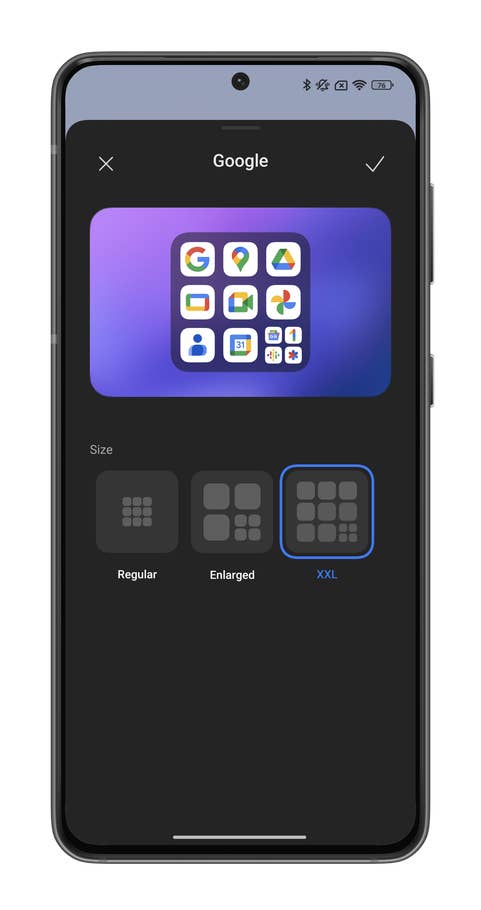 Screenshot depicting the creation of an XXL apps folder on the Xiaomi 14u0027s HyperOS home screen.