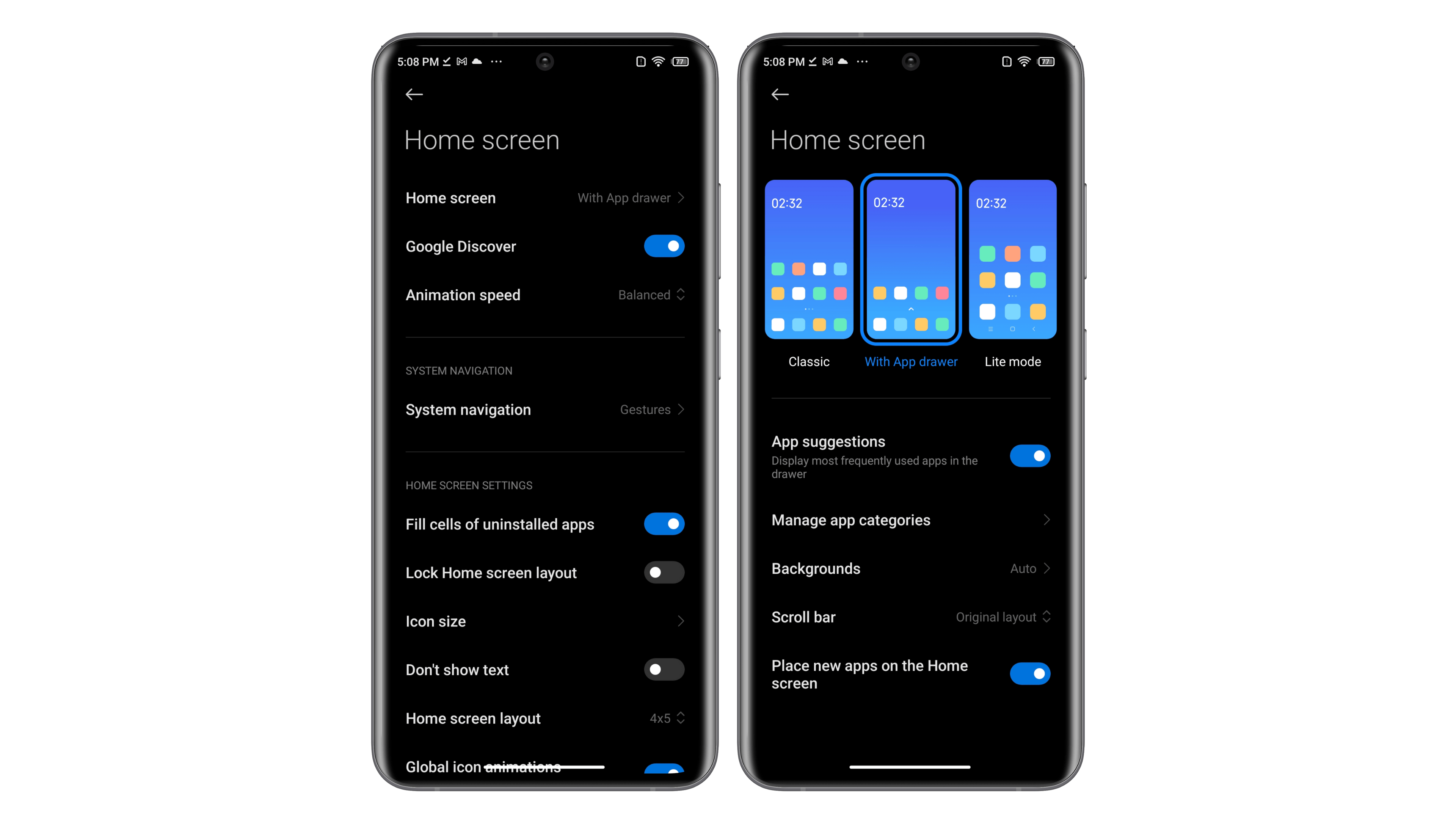 Home screen customization screenshots on MIUI 14