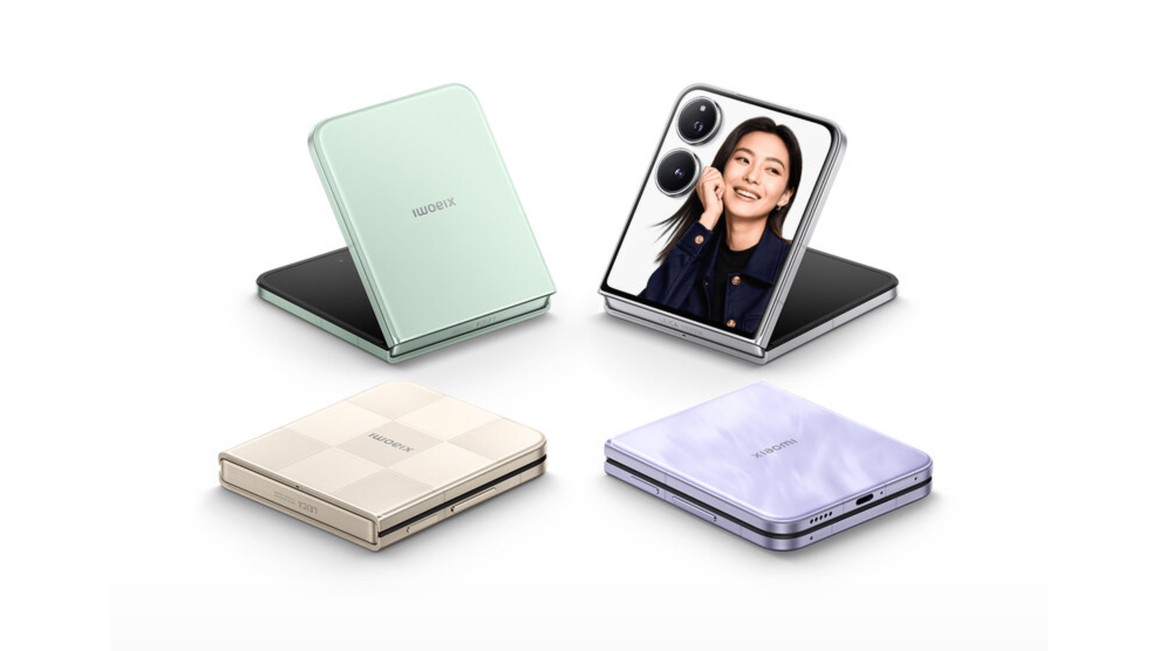 Four Xiaomi Mix Flip 2 smartphones in different colors: mint green, beige, light purple, and folded black.