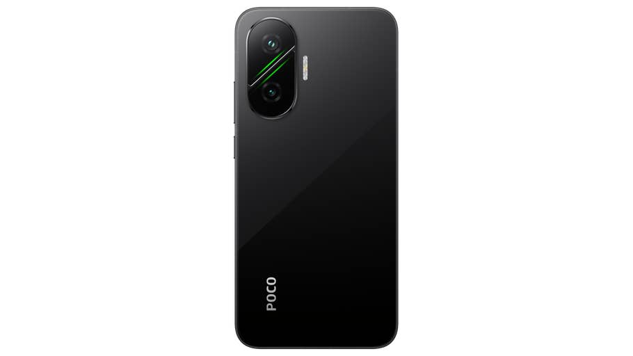 The black Xiaomi Poco F7, with dual cameras and a sleek design.
