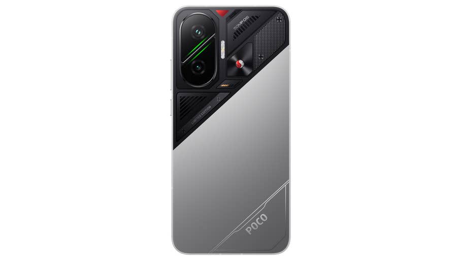 Back view of a silver Xiaomi Poco F7 smartphone with a unique design and dual cameras.