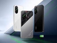 Three Xiaomi Poco F7 smartphones in silver, black, and white against a geometric background.