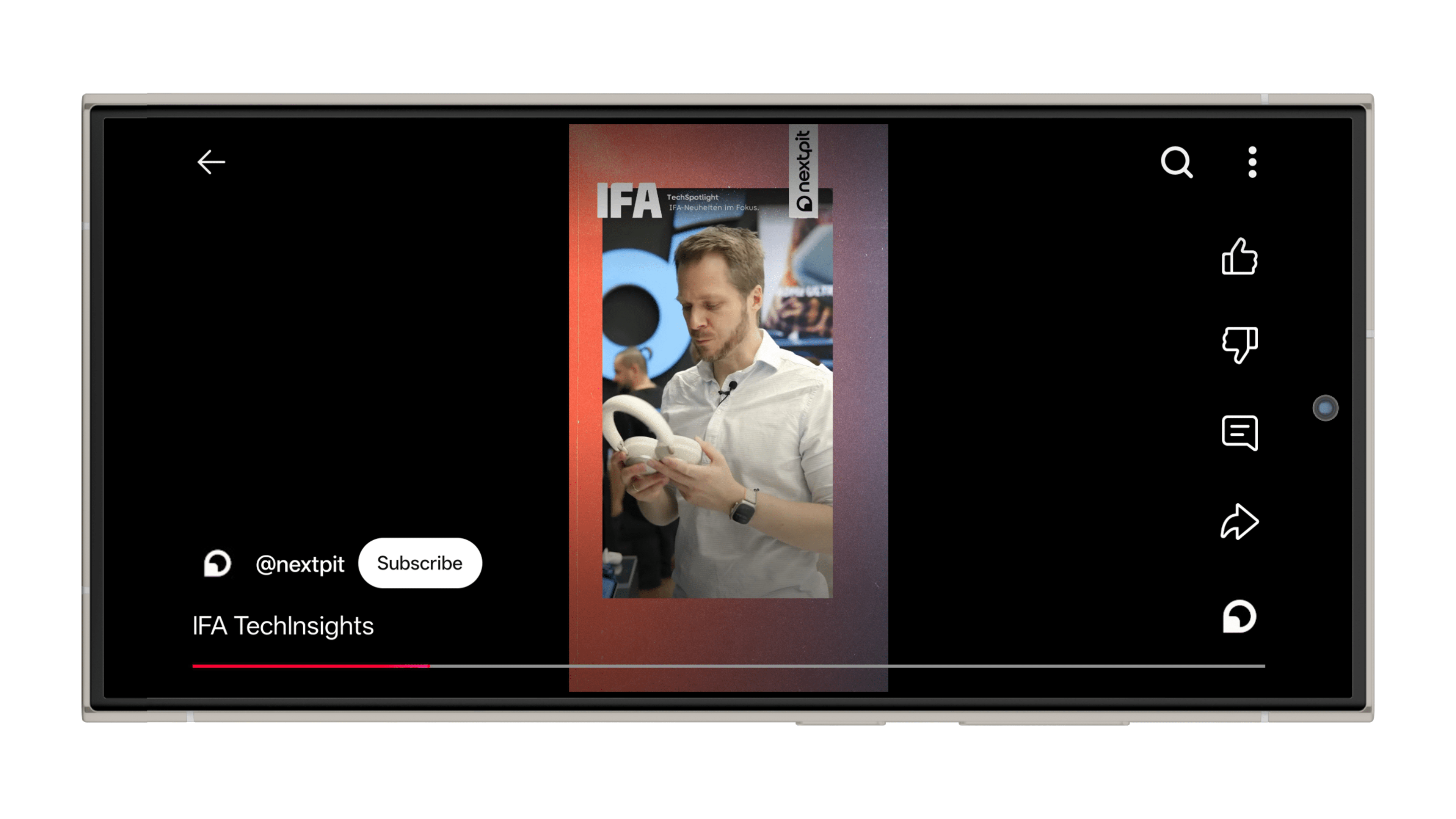 A smartphone displaying a YouTube Shorts video titled 'IFA TechInsights' with a man holding headphones.
