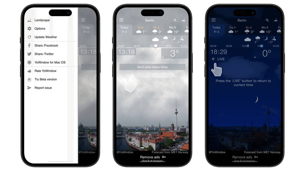 Overview of YoWindow app showing weather details and options menu.