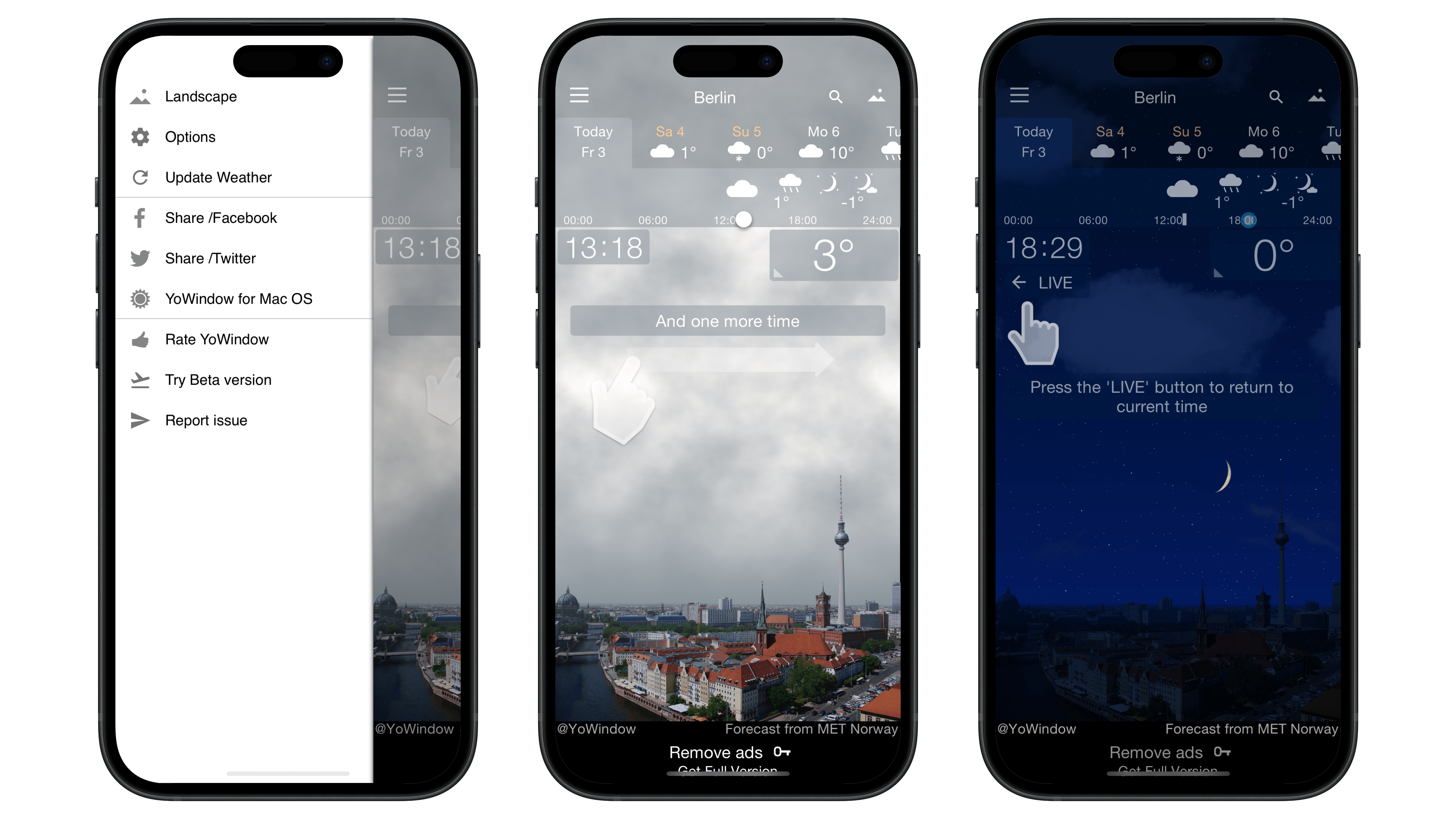 Overview of YoWindow app showing weather details and options menu. Overview of YoWindow app showing weather details and options menu.